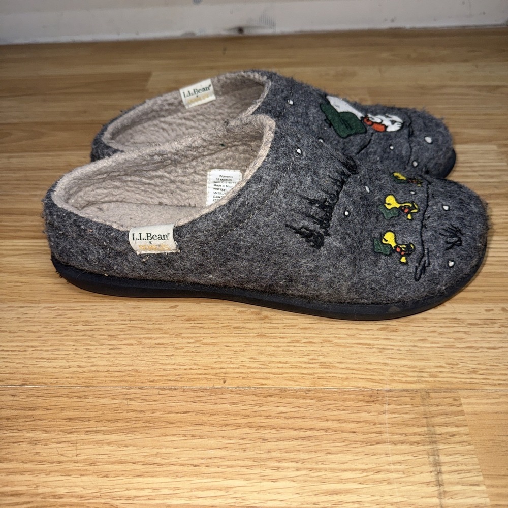 LL Bean Peanuts Womens Daybreak Scuffs Size 11 Gray Fleece Mule Slipper Snoopy - Picture 5 of 6
